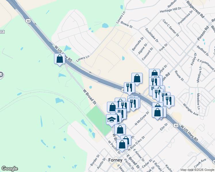 map of restaurants, bars, coffee shops, grocery stores, and more near East Farm to Market Road 688 in Forney