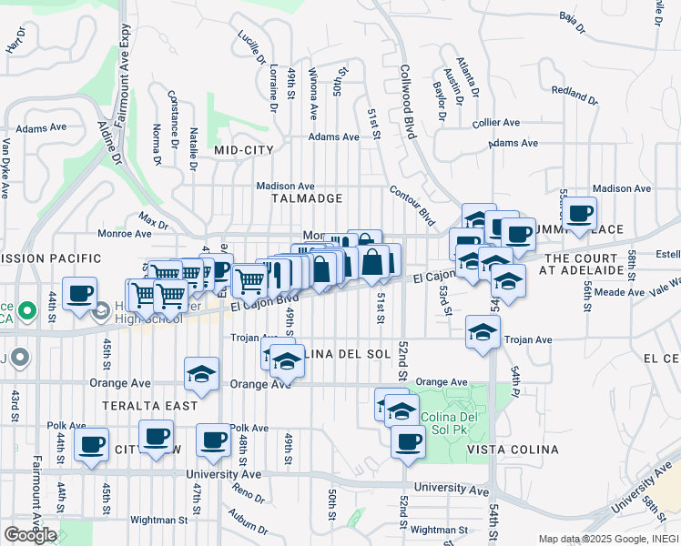 map of restaurants, bars, coffee shops, grocery stores, and more near 4425 50th Street in San Diego