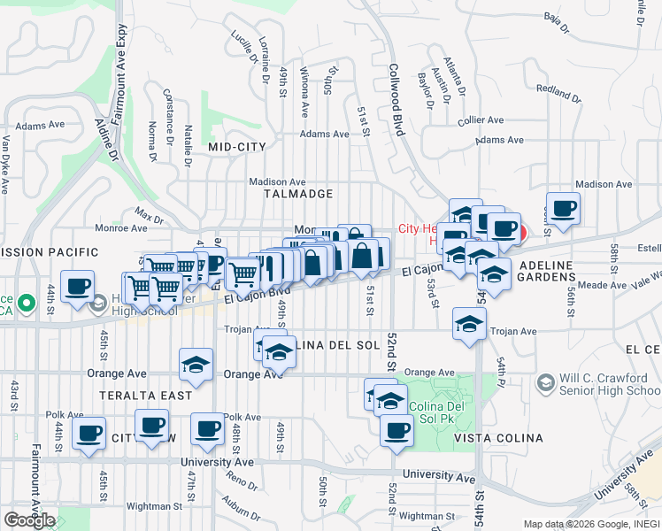 map of restaurants, bars, coffee shops, grocery stores, and more near 4980 El Cajon Boulevard in San Diego