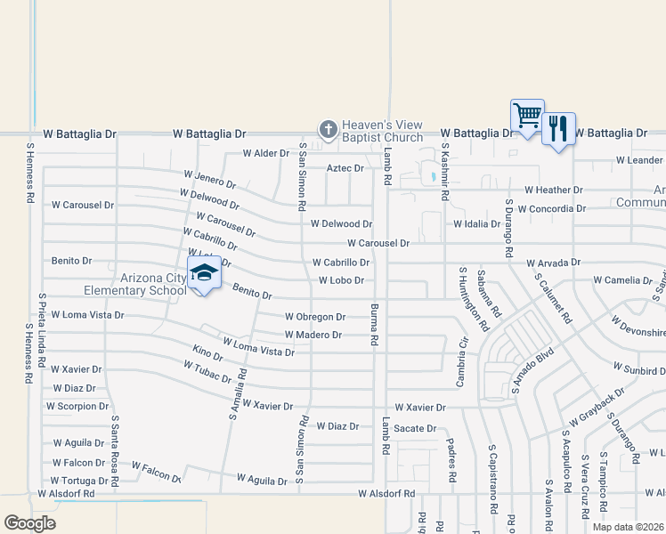map of restaurants, bars, coffee shops, grocery stores, and more near 11529 West Lobo Drive in Arizona City