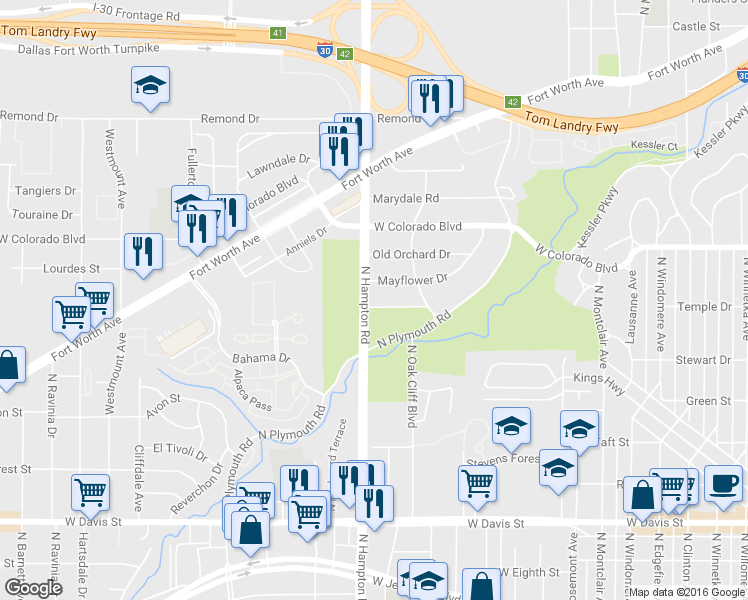 map of restaurants, bars, coffee shops, grocery stores, and more near 2045 Lauraette Drive in Dallas