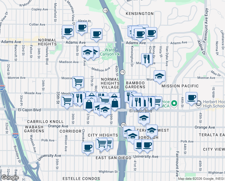 map of restaurants, bars, coffee shops, grocery stores, and more near 4417 39th Street in San Diego