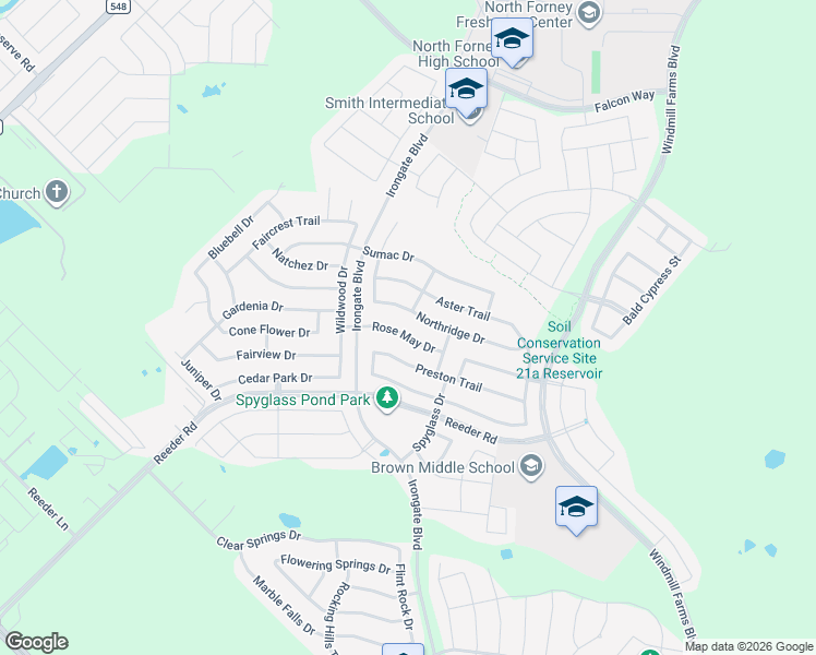map of restaurants, bars, coffee shops, grocery stores, and more near 2114 Rose May Drive in Forney