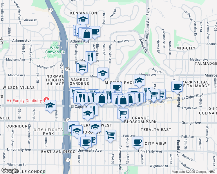 map of restaurants, bars, coffee shops, grocery stores, and more near 4419 Van Dyke Avenue in San Diego