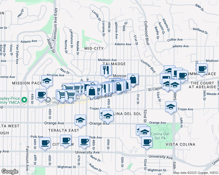 map of restaurants, bars, coffee shops, grocery stores, and more near 4441 49th Street in San Diego