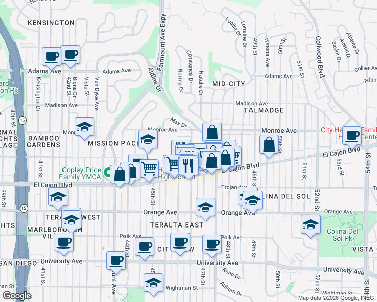map of restaurants, bars, coffee shops, grocery stores, and more near 4438 Menlo Avenue in San Diego