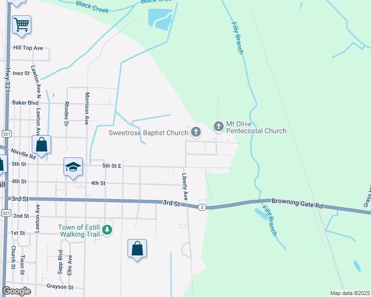 map of restaurants, bars, coffee shops, grocery stores, and more near 168 Brewton Street East in Estill