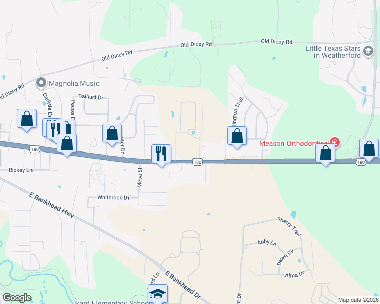 map of restaurants, bars, coffee shops, grocery stores, and more near 1801 Fort Worth Highway in Weatherford