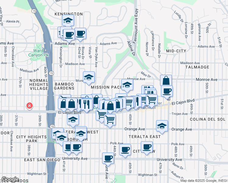 map of restaurants, bars, coffee shops, grocery stores, and more near 4365 Meade Avenue in San Diego