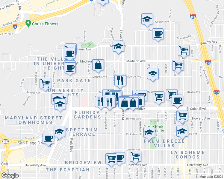 map of restaurants, bars, coffee shops, grocery stores, and more near 4410 Louisiana Street in San Diego