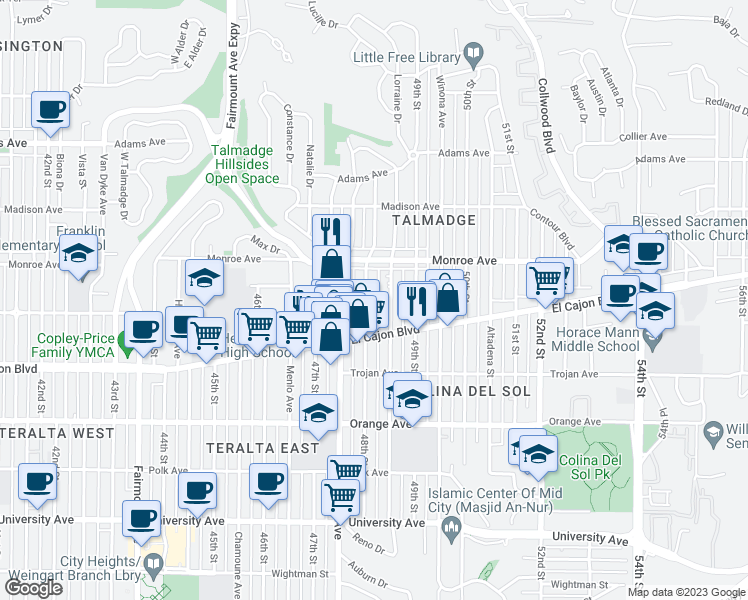 map of restaurants, bars, coffee shops, grocery stores, and more near 4451 48th Street in San Diego