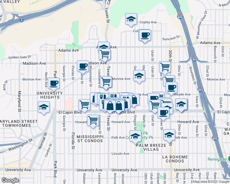 map of restaurants, bars, coffee shops, grocery stores, and more near 4390 Arizona Street in San Diego