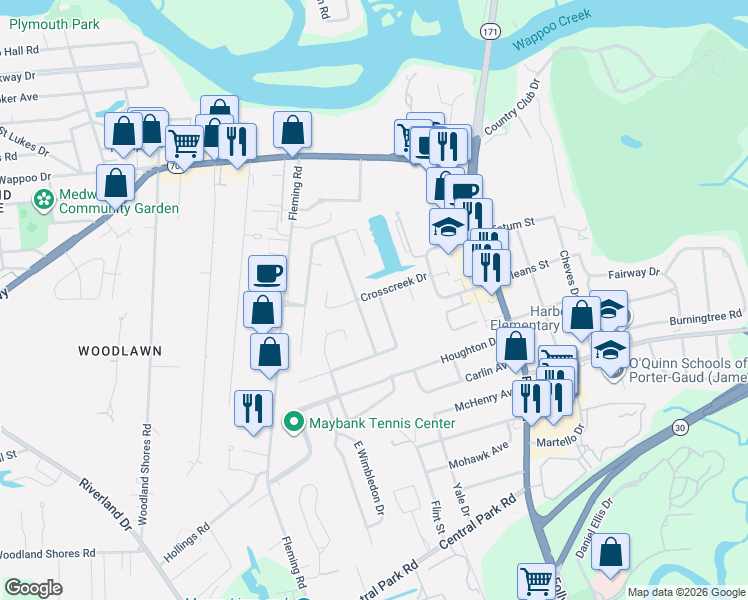 map of restaurants, bars, coffee shops, grocery stores, and more near 7 Hill Creek Boulevard in Charleston