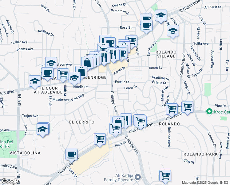map of restaurants, bars, coffee shops, grocery stores, and more near 4403 College Avenue in San Diego