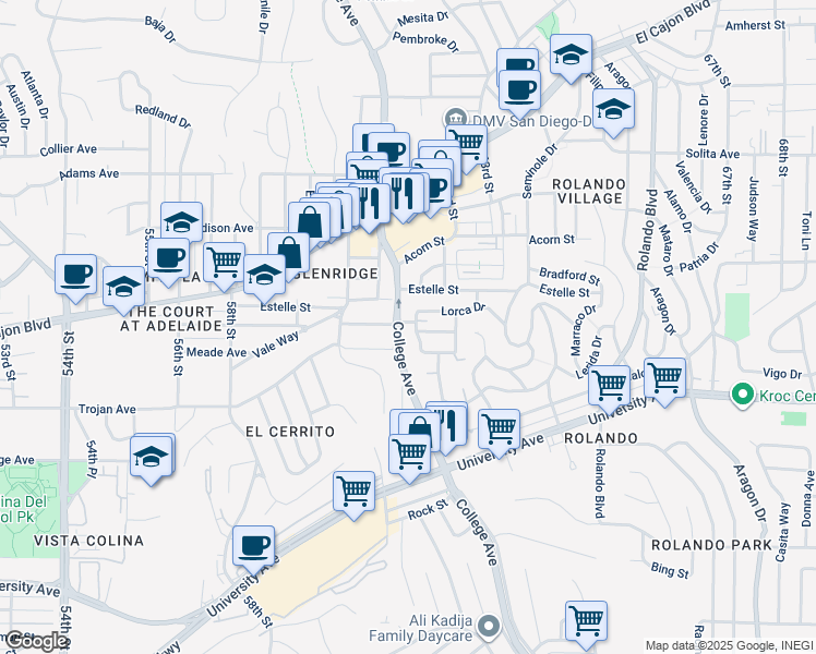map of restaurants, bars, coffee shops, grocery stores, and more near 6101 Adelaide Avenue in San Diego