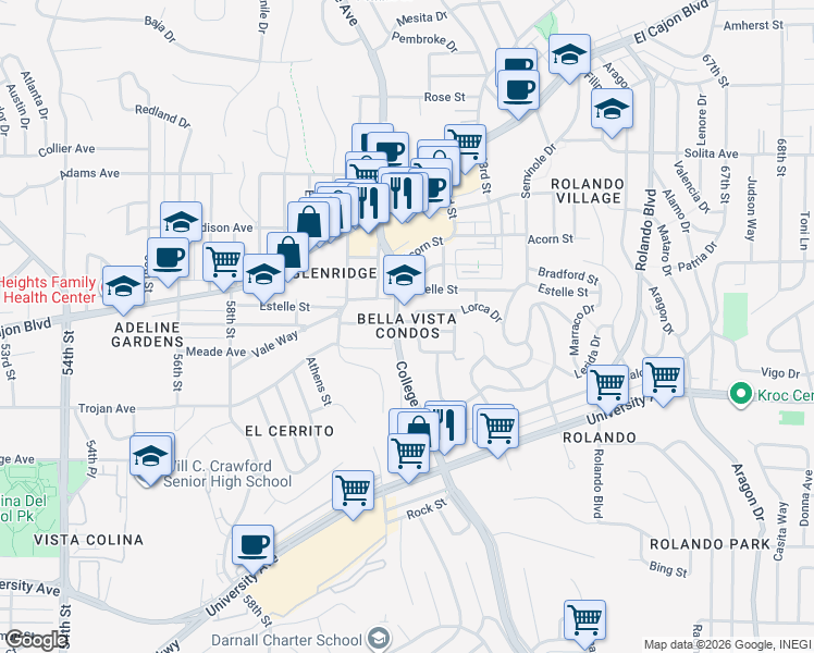 map of restaurants, bars, coffee shops, grocery stores, and more near 4403 College Avenue in San Diego