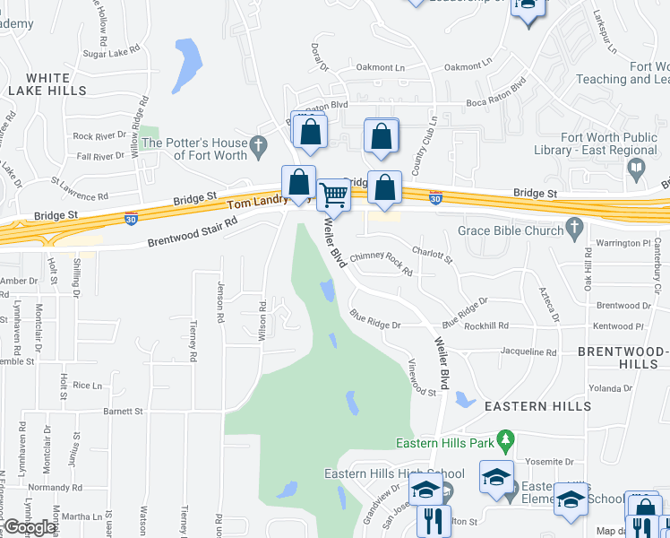 map of restaurants, bars, coffee shops, grocery stores, and more near 1440 Weiler Boulevard in Fort Worth
