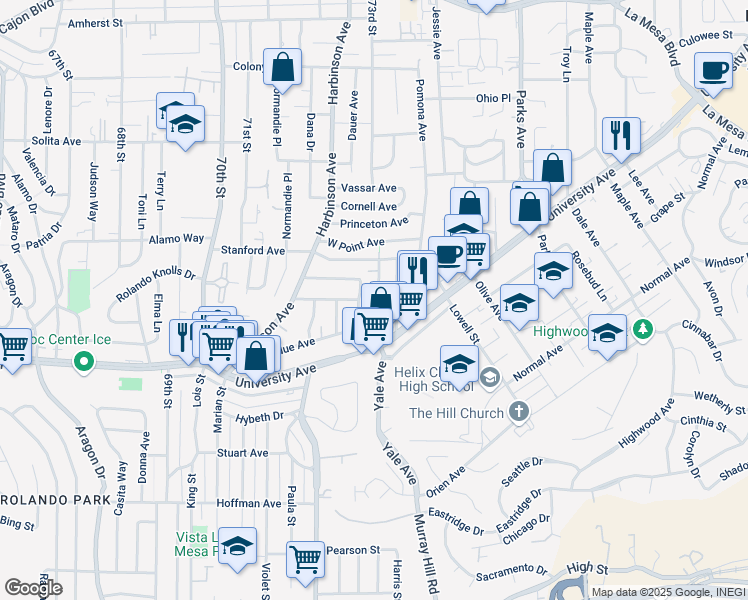 map of restaurants, bars, coffee shops, grocery stores, and more near 4356 Yale Avenue in La Mesa
