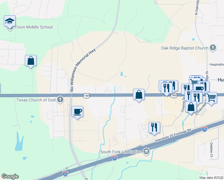 map of restaurants, bars, coffee shops, grocery stores, and more near 2505 Green Valley Park in Weatherford