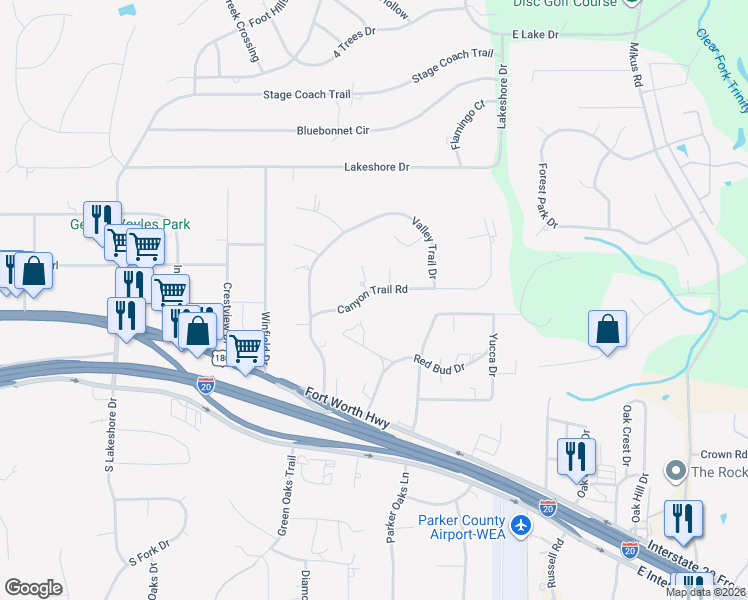 map of restaurants, bars, coffee shops, grocery stores, and more near 402 Canyon Trail Road in Weatherford