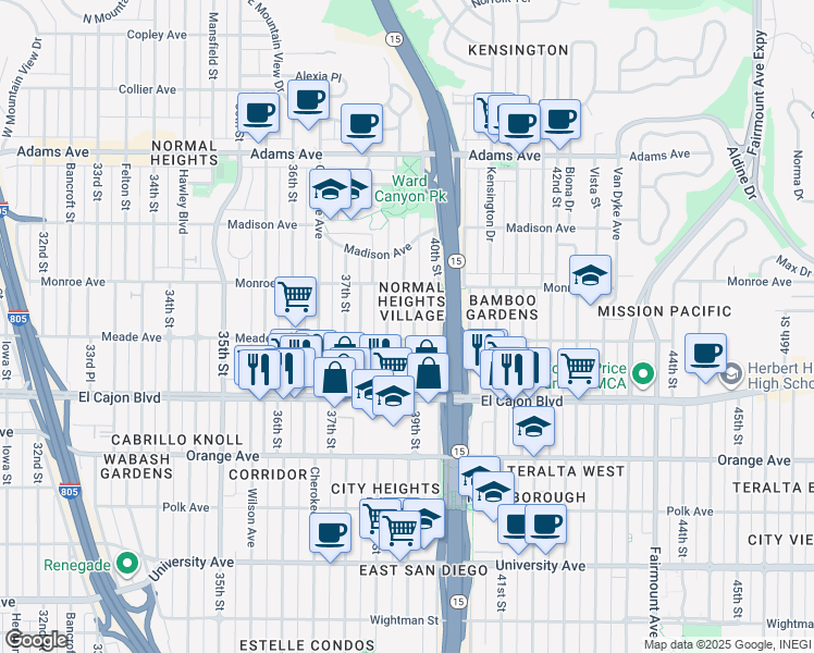 map of restaurants, bars, coffee shops, grocery stores, and more near 4422 39th Street in San Diego