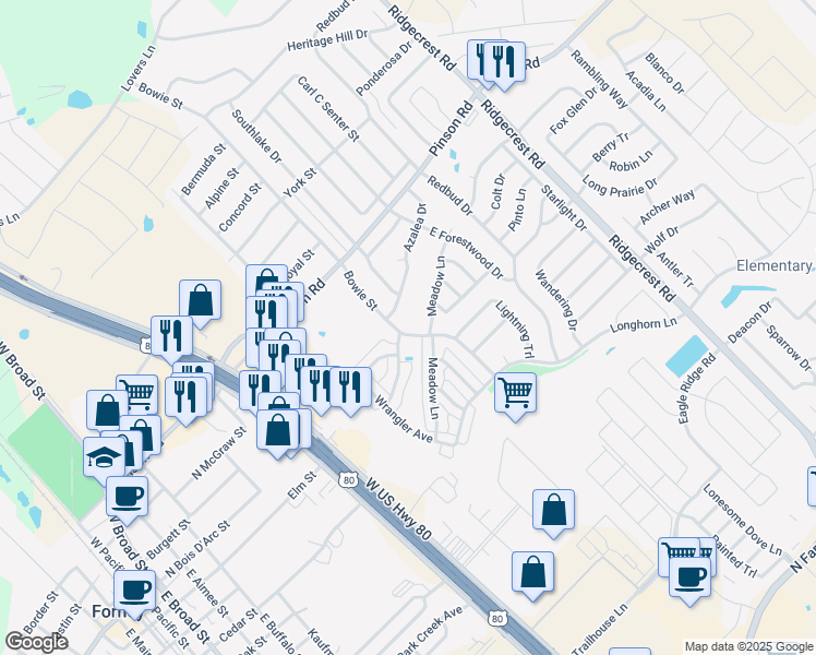 map of restaurants, bars, coffee shops, grocery stores, and more near 201 Bowie Street in Forney