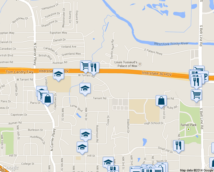 map of restaurants, bars, coffee shops, grocery stores, and more near 417 West Tarrant Road in Grand Prairie