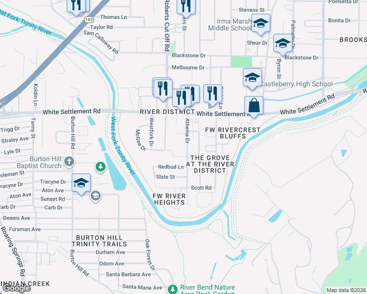 map of restaurants, bars, coffee shops, grocery stores, and more near 243 Athenia Drive in Fort Worth