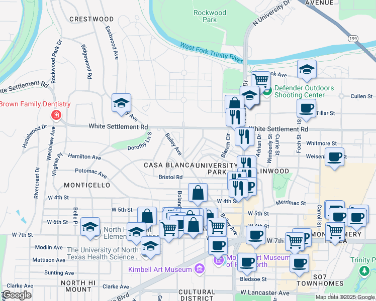 map of restaurants, bars, coffee shops, grocery stores, and more near 155 Boland Street in Fort Worth