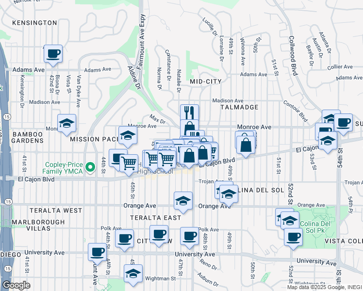 map of restaurants, bars, coffee shops, grocery stores, and more near 4432 47th Street in San Diego