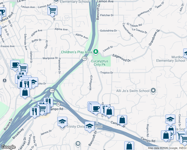 map of restaurants, bars, coffee shops, grocery stores, and more near 4262 Bancroft Drive in La Mesa