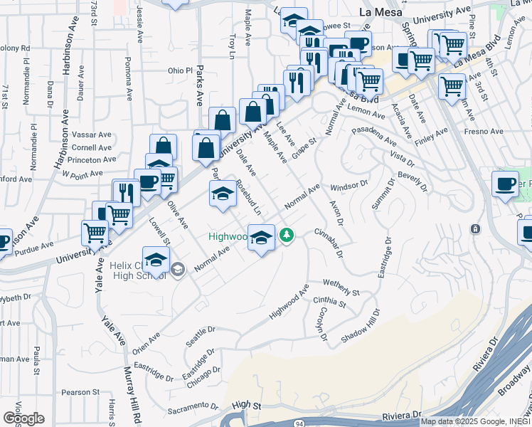 map of restaurants, bars, coffee shops, grocery stores, and more near 7757 Normal Avenue in La Mesa