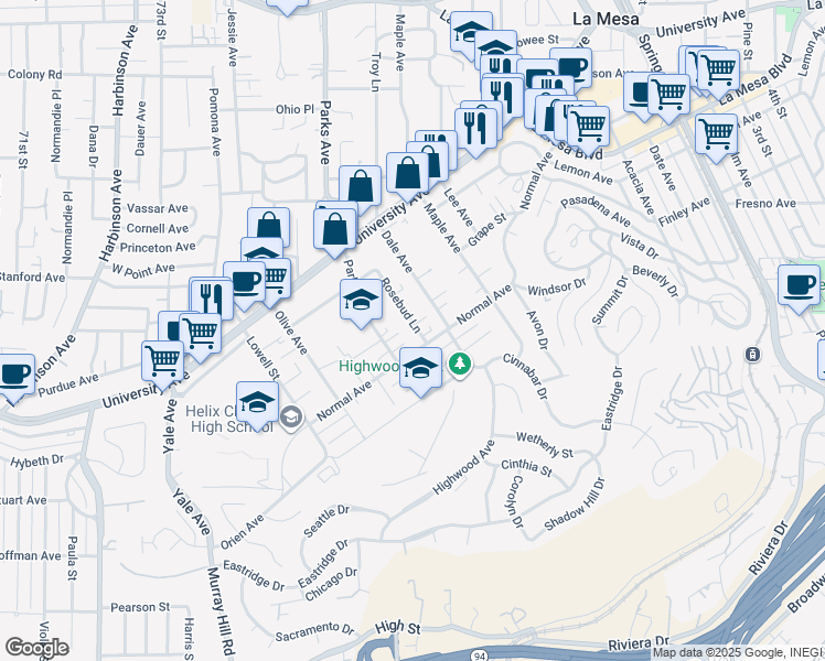 map of restaurants, bars, coffee shops, grocery stores, and more near 7757 Normal Avenue in La Mesa