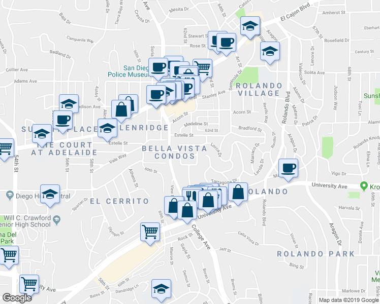 map of restaurants, bars, coffee shops, grocery stores, and more near 6154 Carling Way in San Diego