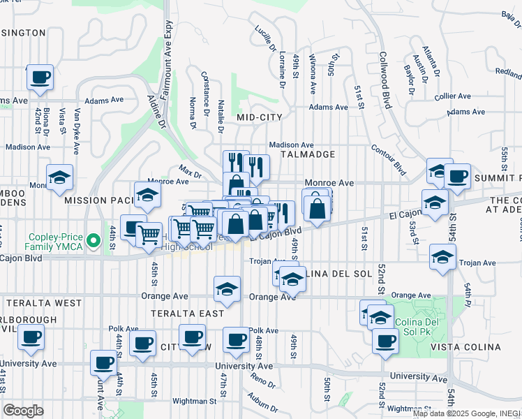 map of restaurants, bars, coffee shops, grocery stores, and more near 4420 48th Street in San Diego