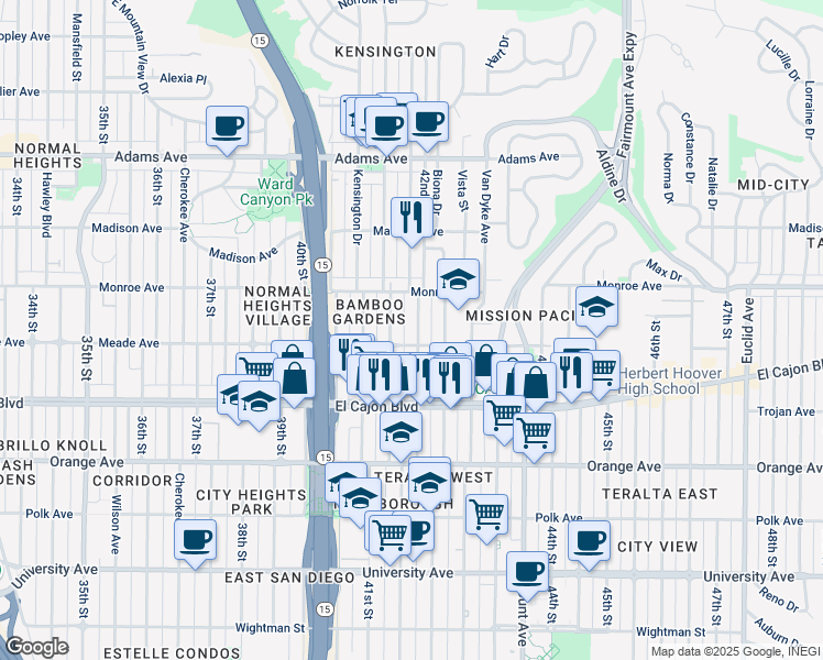 map of restaurants, bars, coffee shops, grocery stores, and more near 4395 42nd Street in San Diego