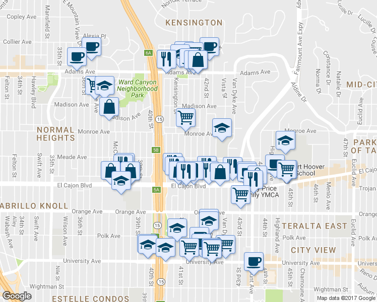 map of restaurants, bars, coffee shops, grocery stores, and more near 4357 Marlborough Avenue in San Diego