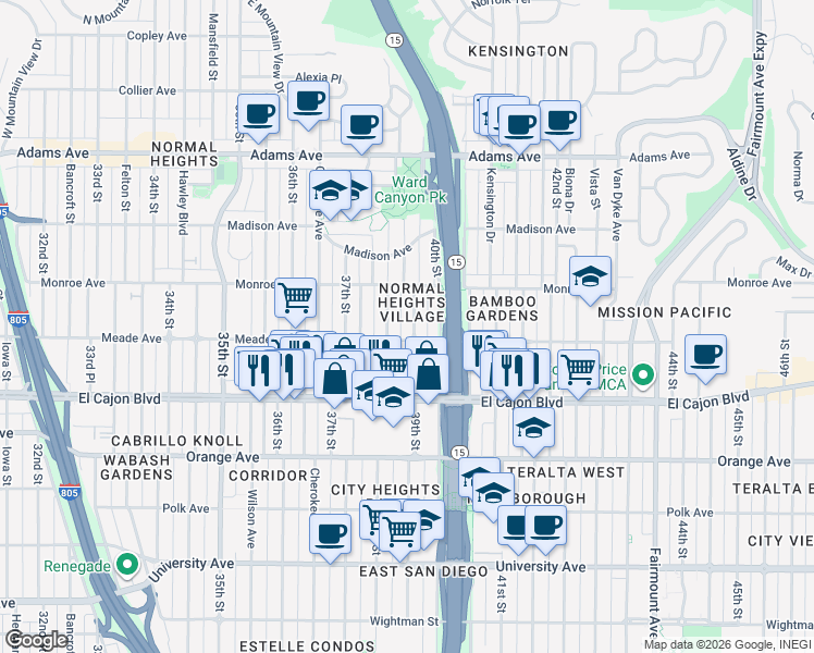 map of restaurants, bars, coffee shops, grocery stores, and more near 3815 Meade Avenue in San Diego