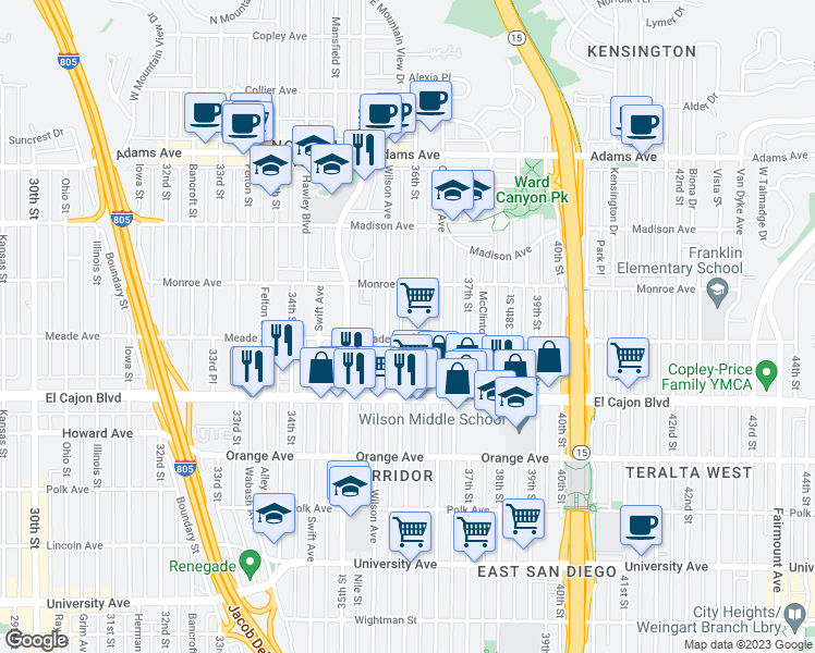map of restaurants, bars, coffee shops, grocery stores, and more near in San Diego