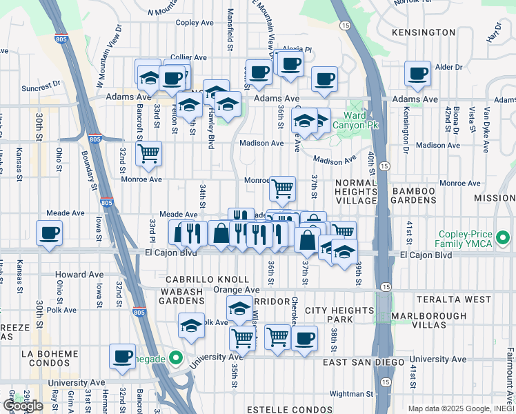 map of restaurants, bars, coffee shops, grocery stores, and more near 4396 Wilson Avenue in San Diego