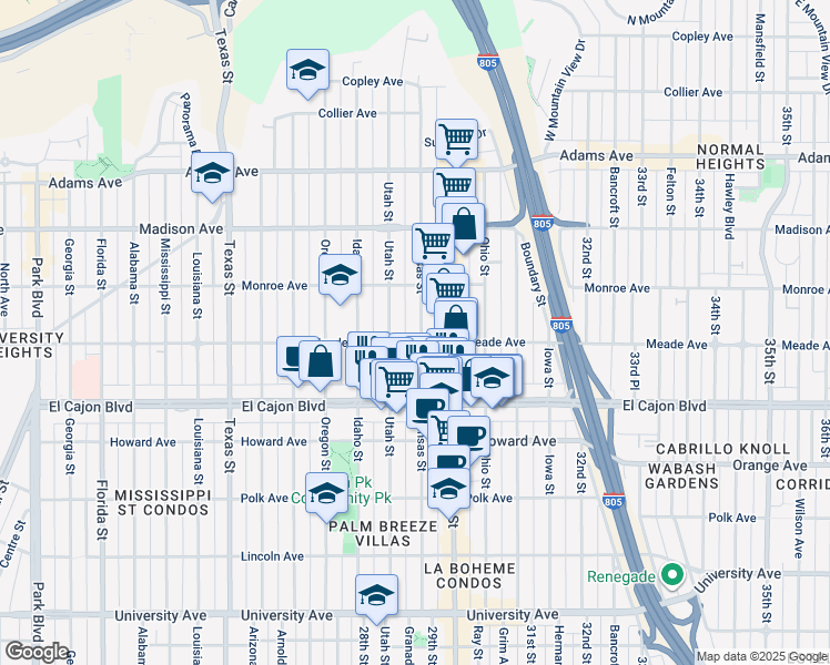 map of restaurants, bars, coffee shops, grocery stores, and more near 4384 Kansas Street in San Diego