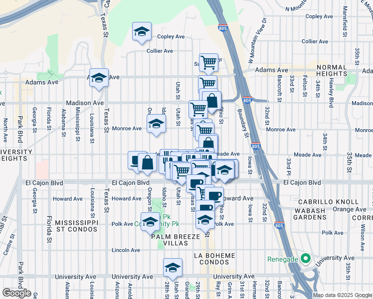 map of restaurants, bars, coffee shops, grocery stores, and more near 4384 Kansas Street in San Diego