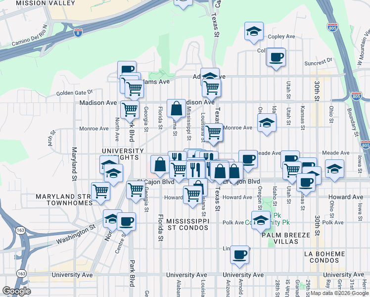 map of restaurants, bars, coffee shops, grocery stores, and more near 4385 1/2 Mississippi Street in San Diego