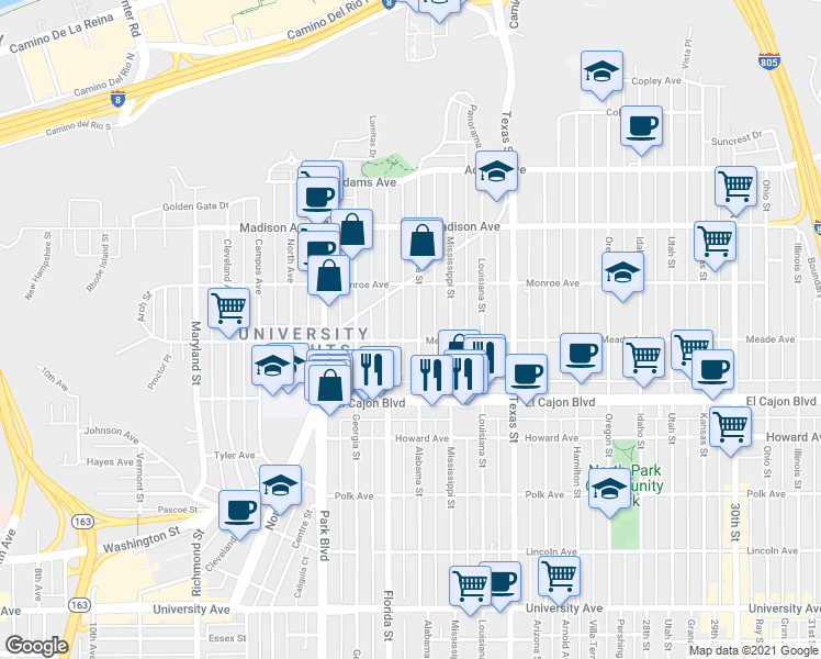 map of restaurants, bars, coffee shops, grocery stores, and more near 4381 1/2 Alabama Street in San Diego