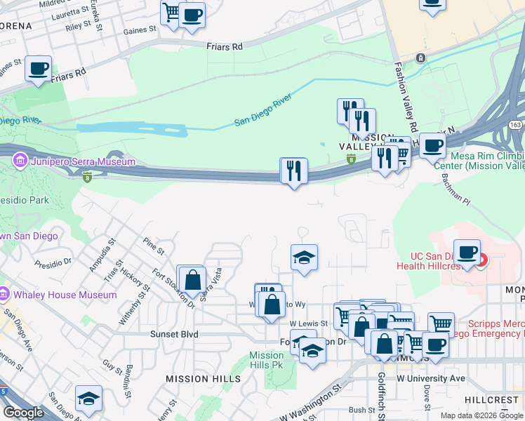 map of restaurants, bars, coffee shops, grocery stores, and more near 4436 Plumosa Way in San Diego