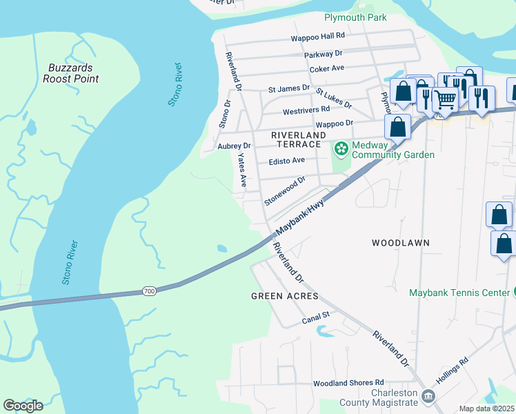 map of restaurants, bars, coffee shops, grocery stores, and more near 335 Riverland Drive in Charleston