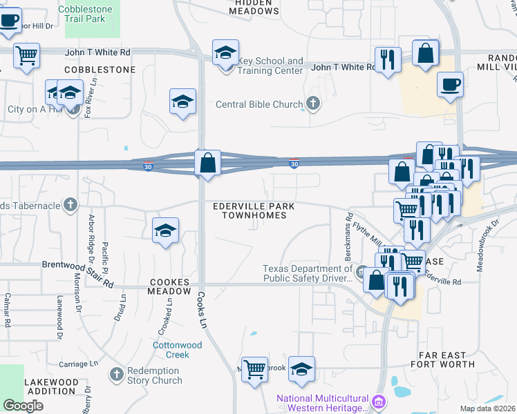 map of restaurants, bars, coffee shops, grocery stores, and more near 8028 Ederville Circle in Fort Worth