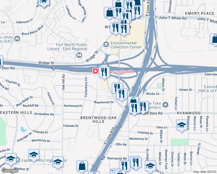 map of restaurants, bars, coffee shops, grocery stores, and more near 6450 Brentwood Stair Road in Fort Worth