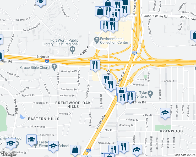 map of restaurants, bars, coffee shops, grocery stores, and more near 6450 Brentwood Stair Road in Fort Worth