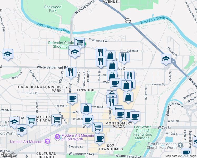map of restaurants, bars, coffee shops, grocery stores, and more near 2729 Weisenberger Street in Fort Worth